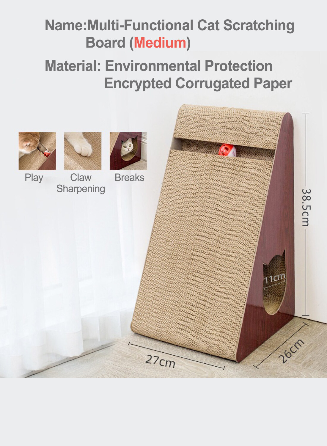 Triangle Cat Scratching Board Nest Sturdy High Density Corrugated Cardboard Claw Sharpener Wear-resistant Standing Wall Scratching Post (Medium with Cat Hole 27*26*38.5cm)
