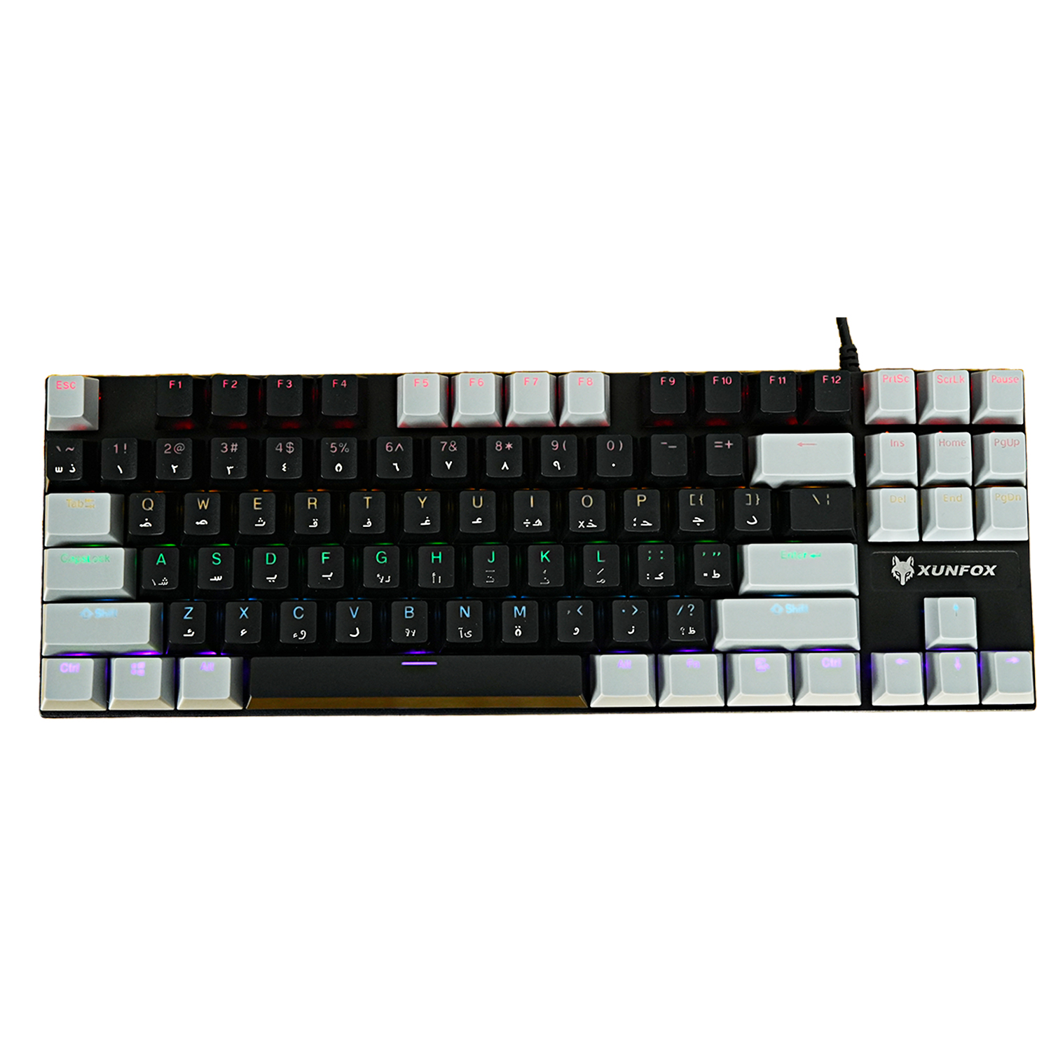 English Arabic Mechanical Gaming Keyboard with RGB Backlit, USB Wired 87 Keys Blue Switch Keyboard for Windows/MacOS/Android PC Gamers